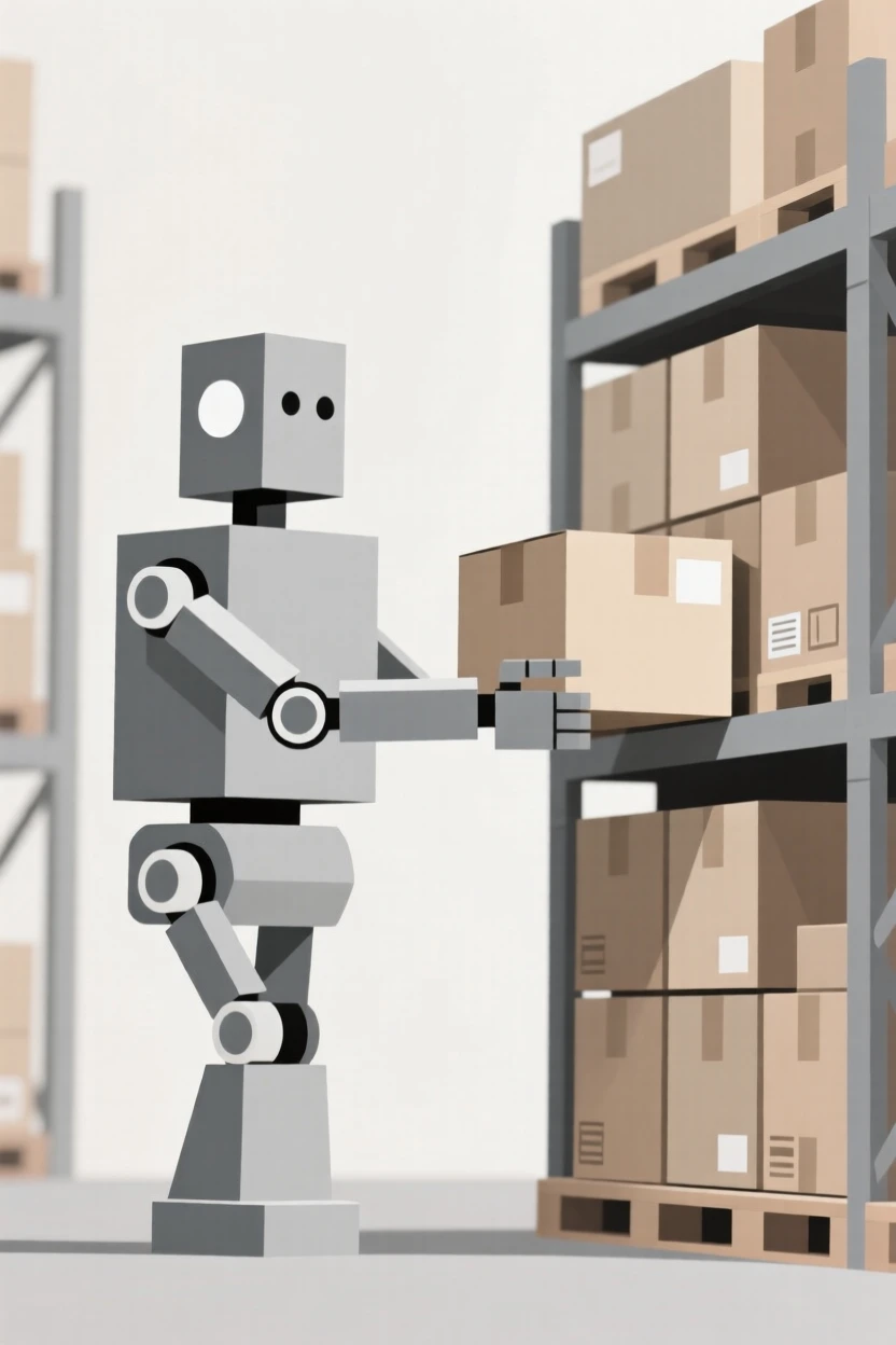 A warehouse robot moving inventory boxes