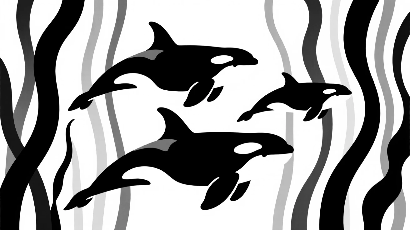 A pod of orcas swimming together among kelp forests.