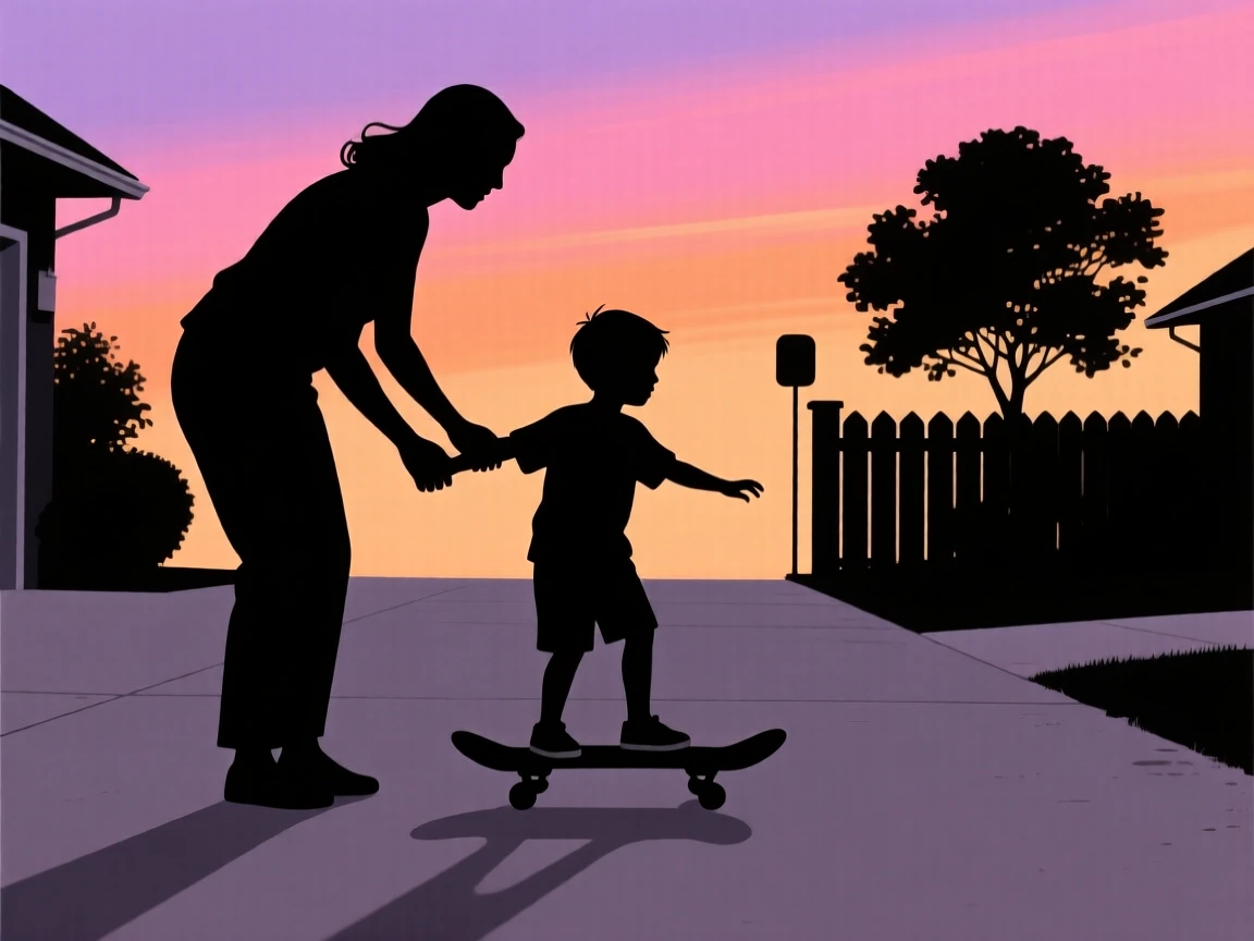 A mother teaching her son to ride a skateboard in a quiet driveway.