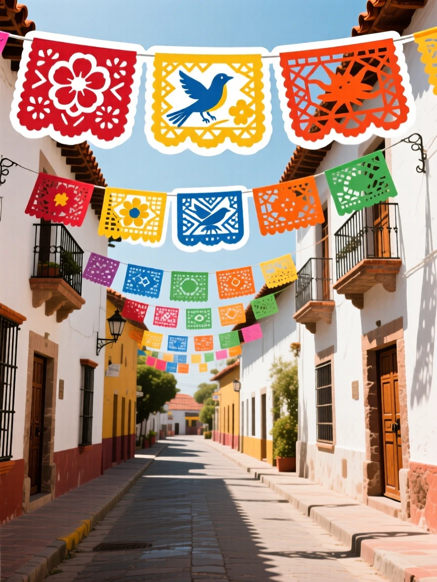 A sun-drenched Mexican papel picado banners strung across a street, framed by traditional architecture, during the region's most beautiful season.