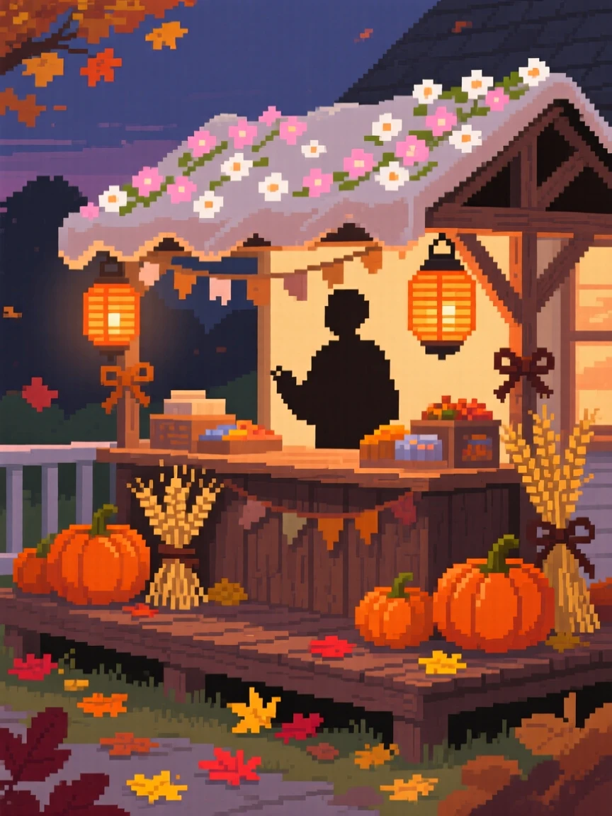 A lantern-lit autumn festival stall covered in a blanket of fresh spring blossoms, on a porch decorated for a harvest festival.