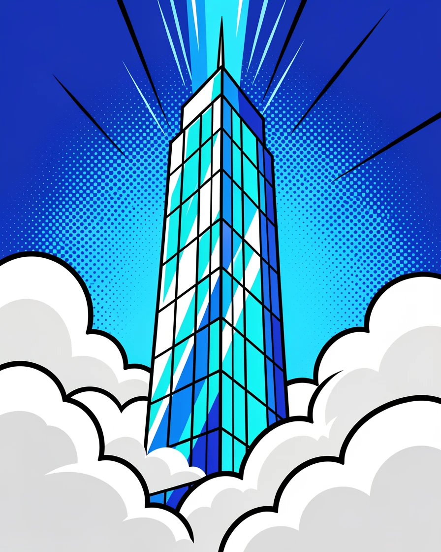 A modern glass skyscraper piercing through the clouds