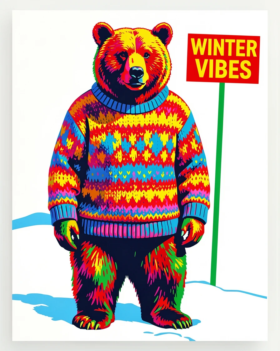 Bear wearing a knitted sweater in the snow