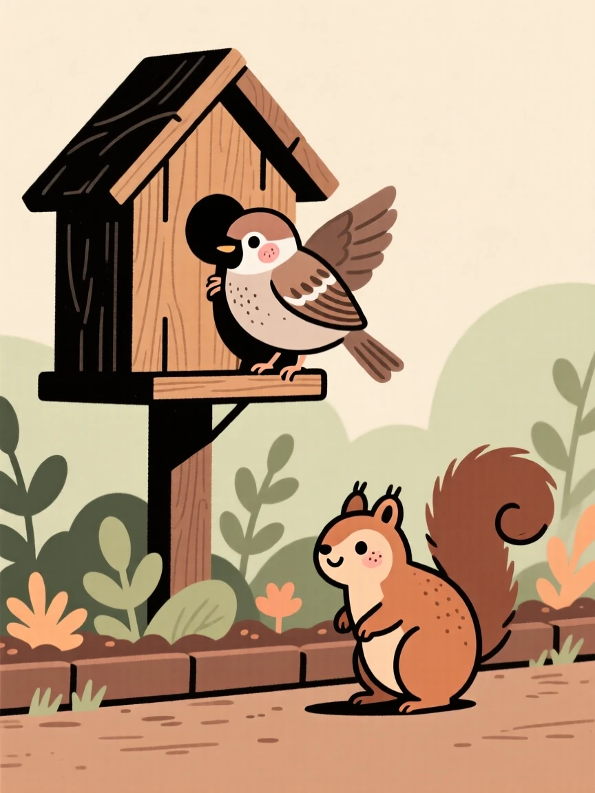 A sparrow perches on a wooden birdhouse, preening its feathers while a squirrel moves quietly through the garden bed below.