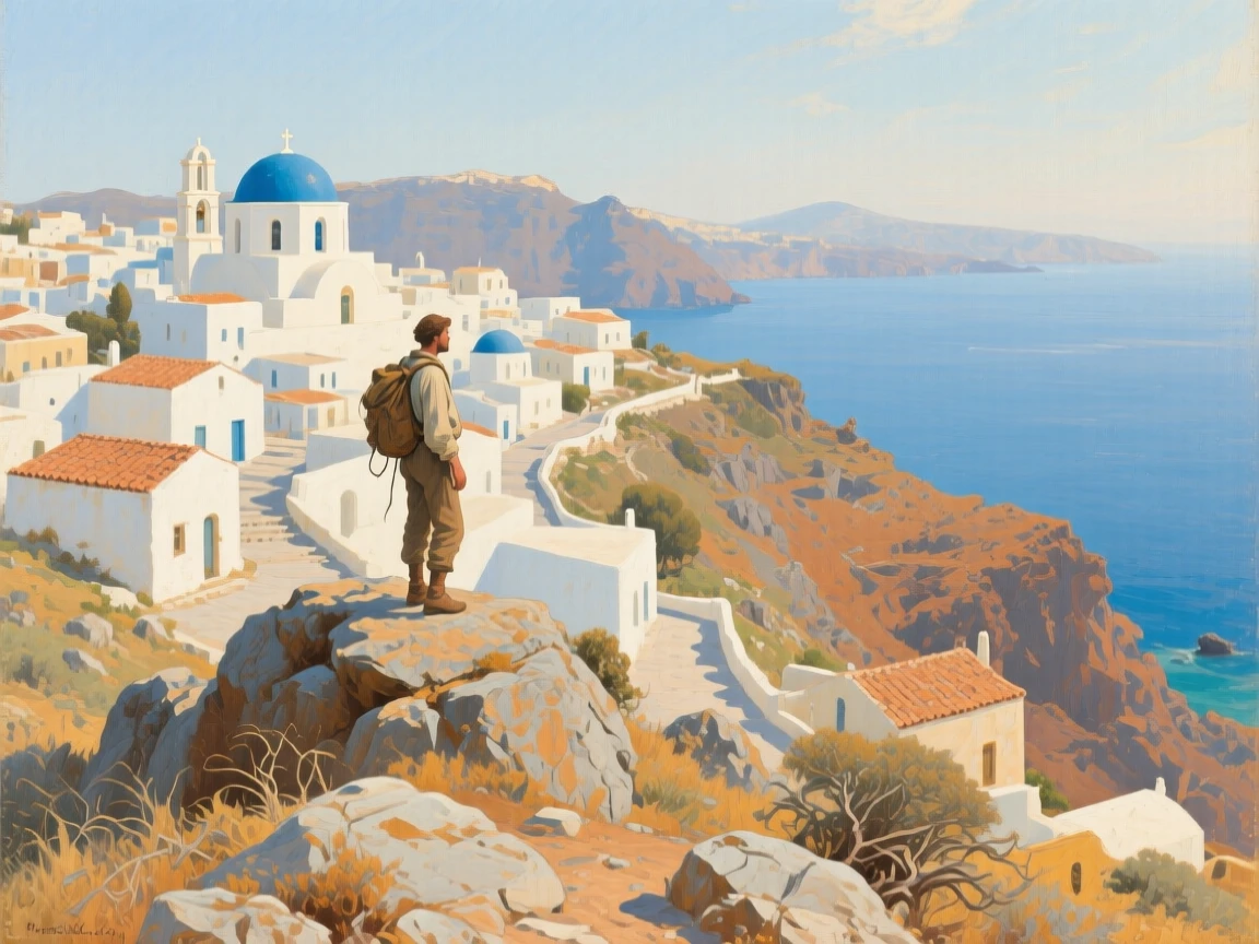 A balanced composition of a lone hiker pausing atop a windswept summit to admire the view, in a Greek island village, in bright warm sunshine.