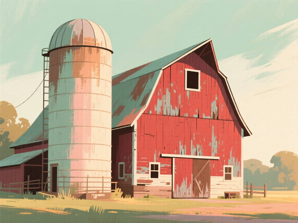 A rustic silo standing beside a weathered red barn