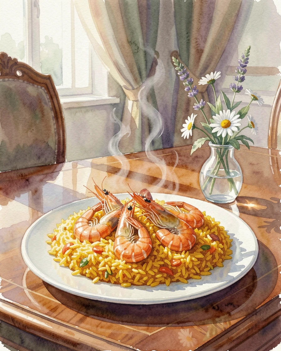 A plate of paella with shrimp and saffron rice in an elegant dining room setting with a small vase of flowers nearby.