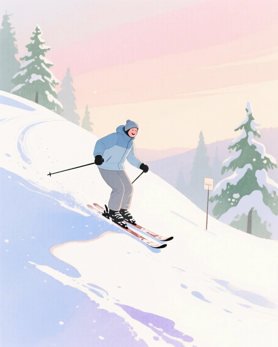 A peaceful scene of someone skiing down a snowy slope on a peaceful morning trail, fully absorbed in a quiet, joyful moment