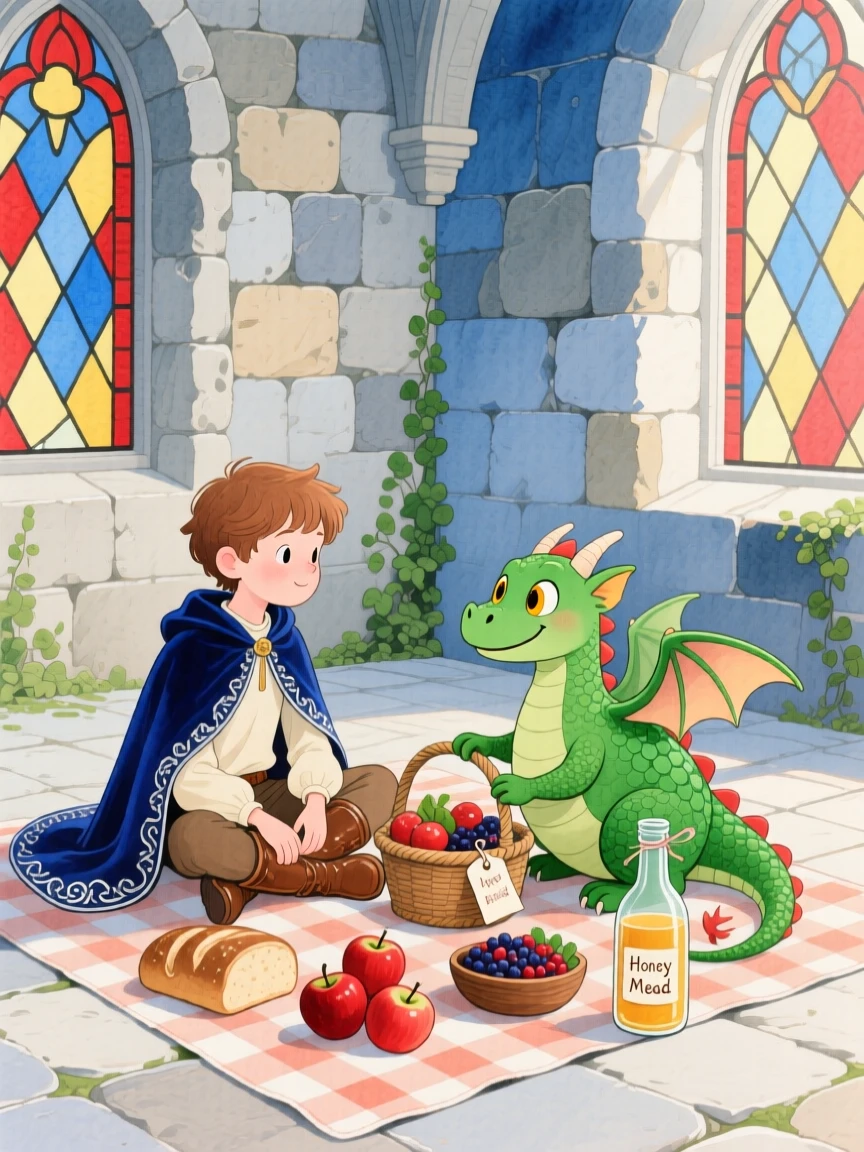 A young prince in a velvet cloak sharing a picnic with a friendly green dragon inside an ancient stone castle.