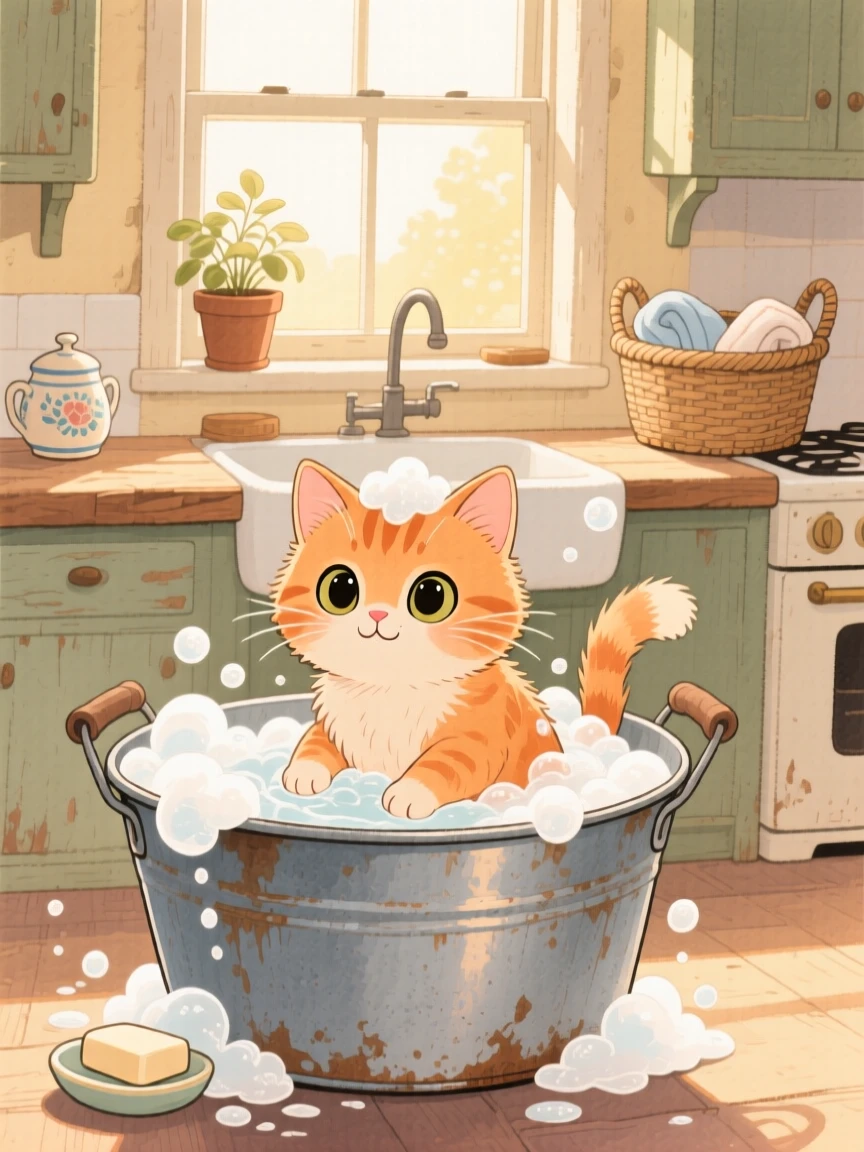 A fluffy orange kitten getting a gentle bath in a tin tub full of bubbles, set in a cozy farmhouse kitchen with morning light streaming in, showing unconditional love and loyalty.