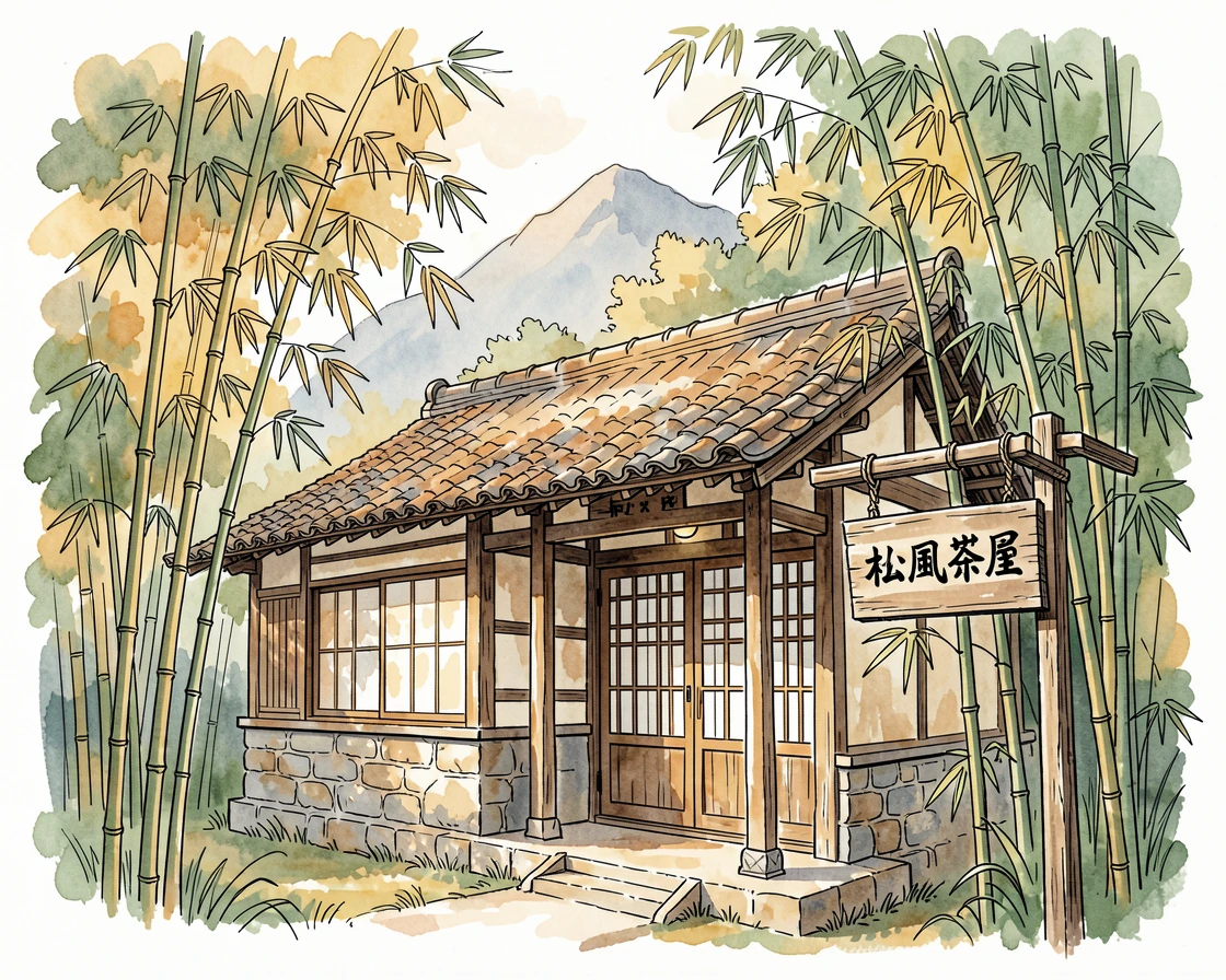 A traditional teahouse nestled among bamboo groves in the mountains, warm afternoon light settling over the weathered stone and rooftops.