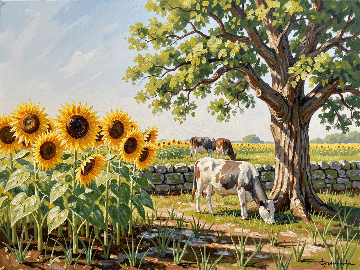 A sunflower field in full bloom, cows grazing lazily beneath a spreading oak tree, along a stone wall separating the pastures, in early spring, fresh green shoots pushing through the soil.