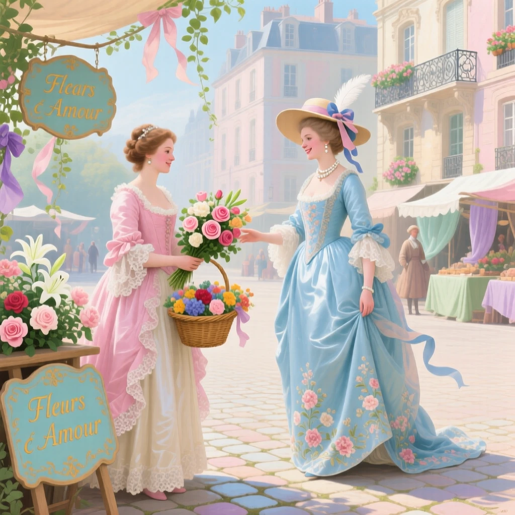 A flower seller greeting a noblewoman in a cobbled market square  