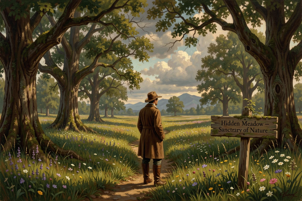 A hidden meadow ringed by ancient oaks, with a solitary traveler pausing to take in the view.