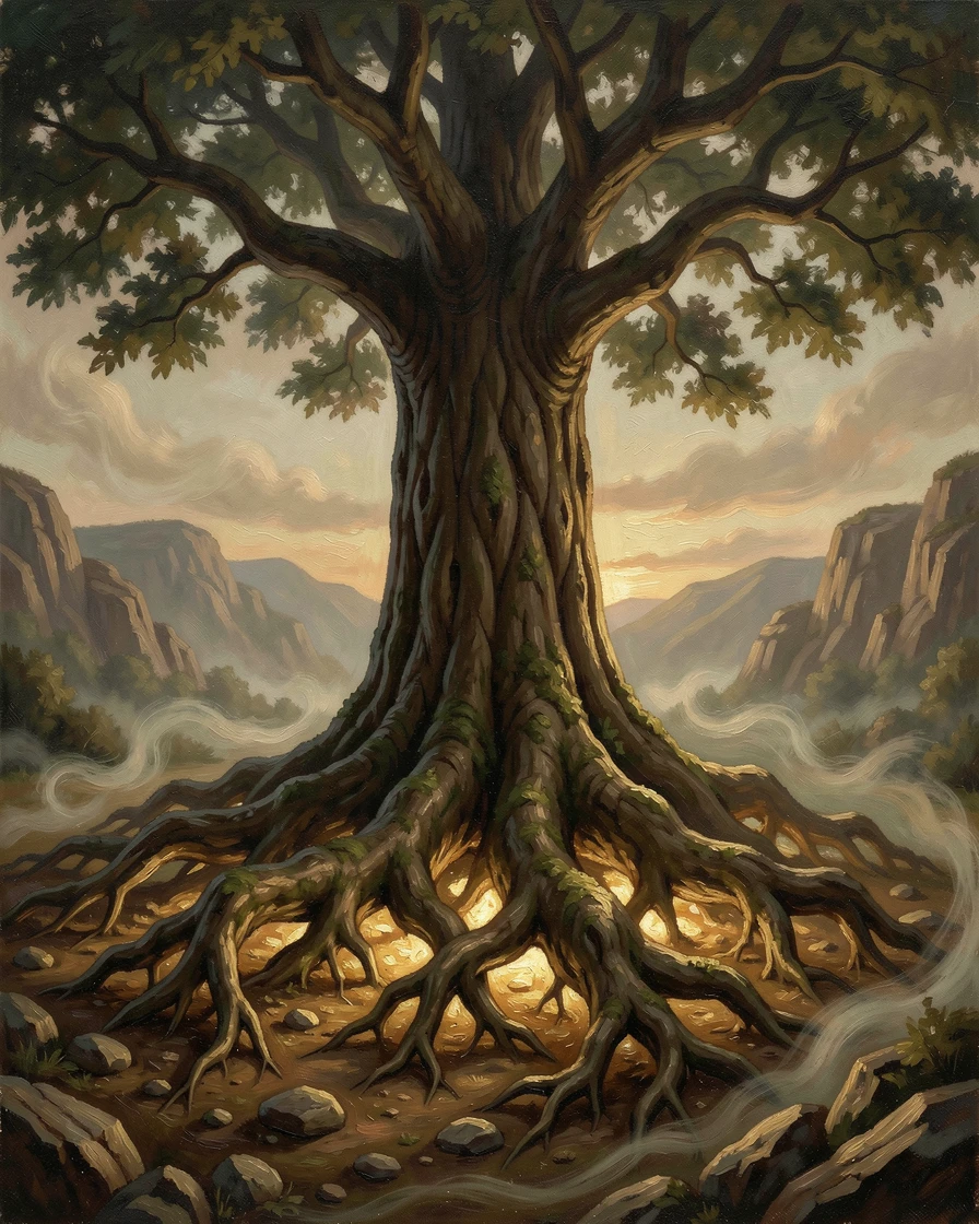 A colossal tree of life with glowing roots stretching across a mystical valley, as swirling mist and atmosphere add mystery to the scene, evoking wonder, mystery, and epic storytelling