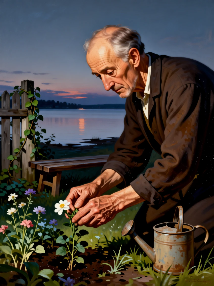 An elderly man tending a garden his late wife once planted in a small, tender moment that says everything without words, set beside a lakeshore glowing under a soft evening sky, with worn, familiar surroundings that speak of years shared together; the composition draws the eye naturally to interlocked hands or shared eye contact, capturing a fleeting moment worth holding onto forever.