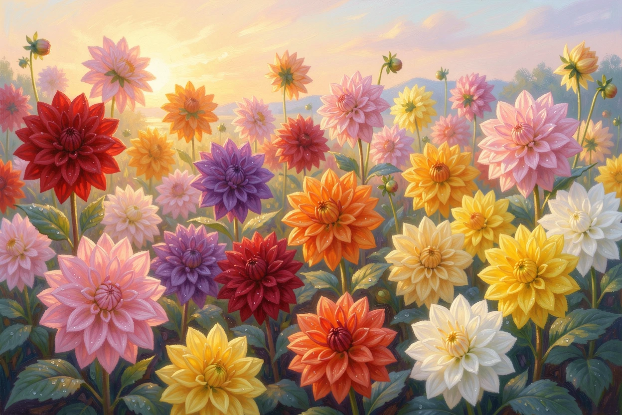 A garden of blooming dahlias in every color, dew still clinging to the petals in early morning light, under a glowing sunset sky.