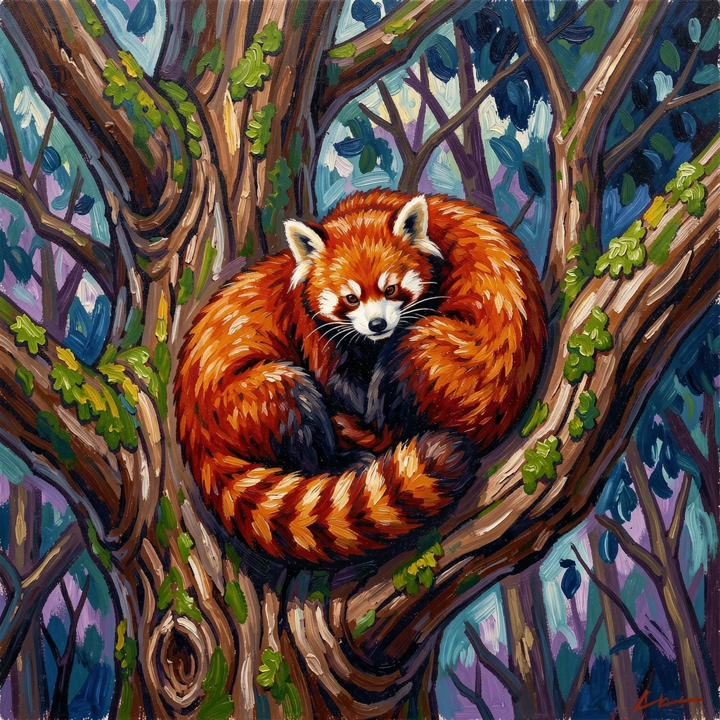 A pair of red pandas curled together in the branches of a mossy tree.