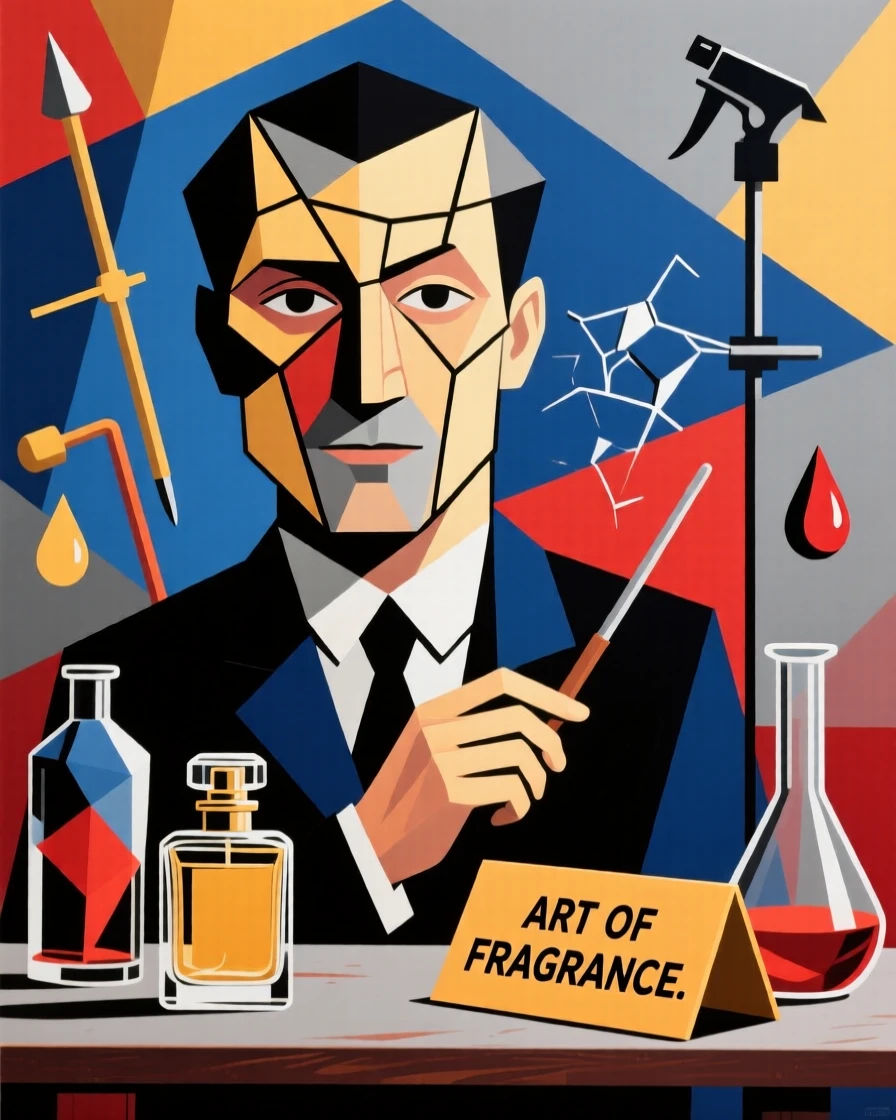 A medium shot portrait of a perfumer surrounded by the tools of the trade, focused and content in the craft.