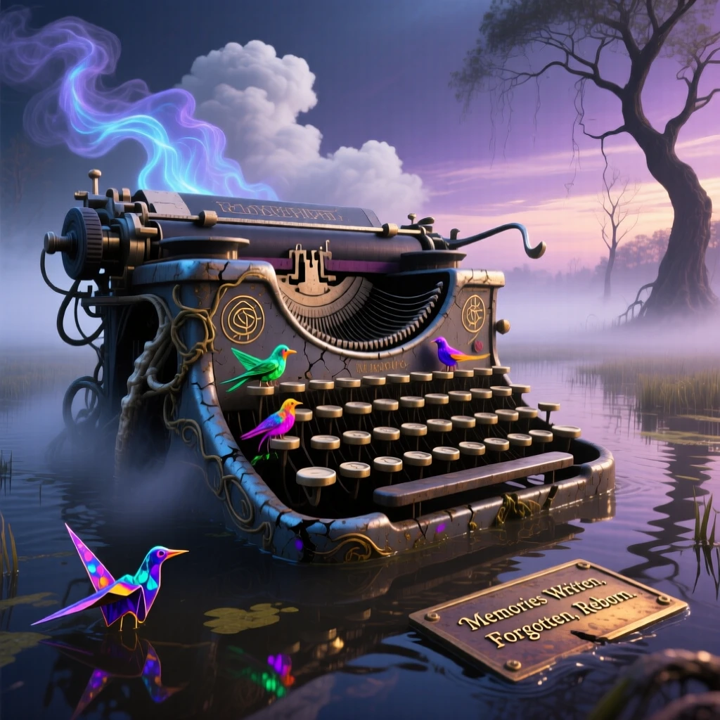 A colossal typewriter half-sunk into a foggy marsh stands quietly as tiny birds nest inside its curves, as clouds drift slowly through gaps in its structure.