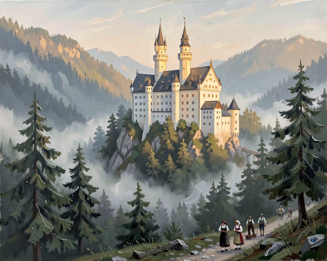 Neuschwanstein Castle rises from a misty Bavarian forest, its fairy-tale spires catching golden morning light above a valley shrouded in fog, distant figures going about their day, lending the scene a sense of genuine daily life.