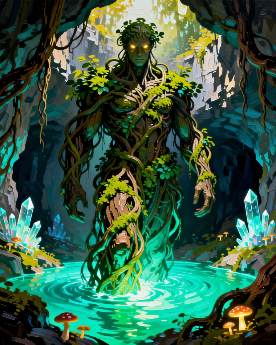 a forest guardian made of vines and moss rising from the depths of a glowing underground lake