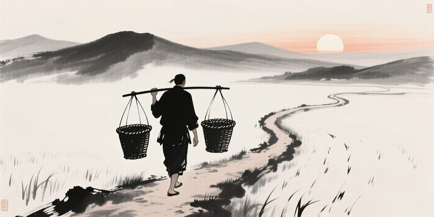 A farmer carries baskets balanced on a shoulder pole along a field path, as the sun begins to set behind distant hills.