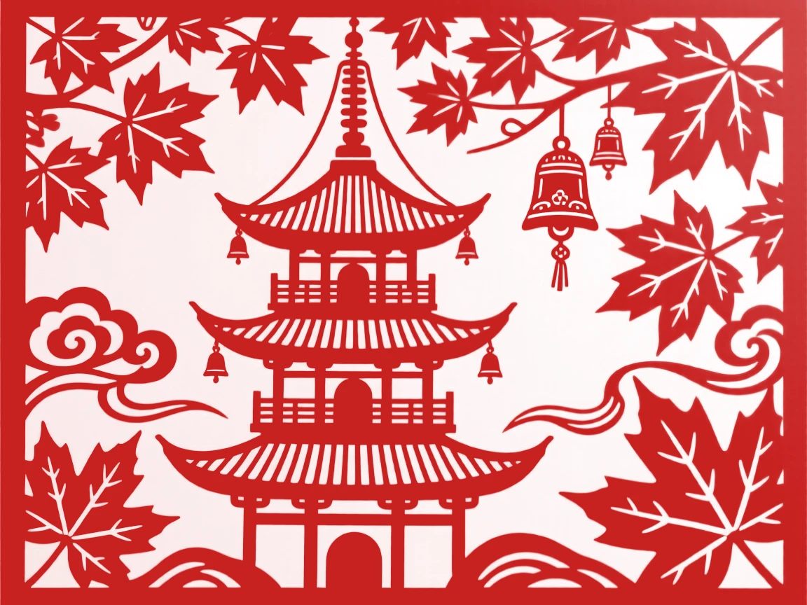A pagoda, beneath a canopy of autumn maple leaves, its rooftop bells chiming softly in the breeze.