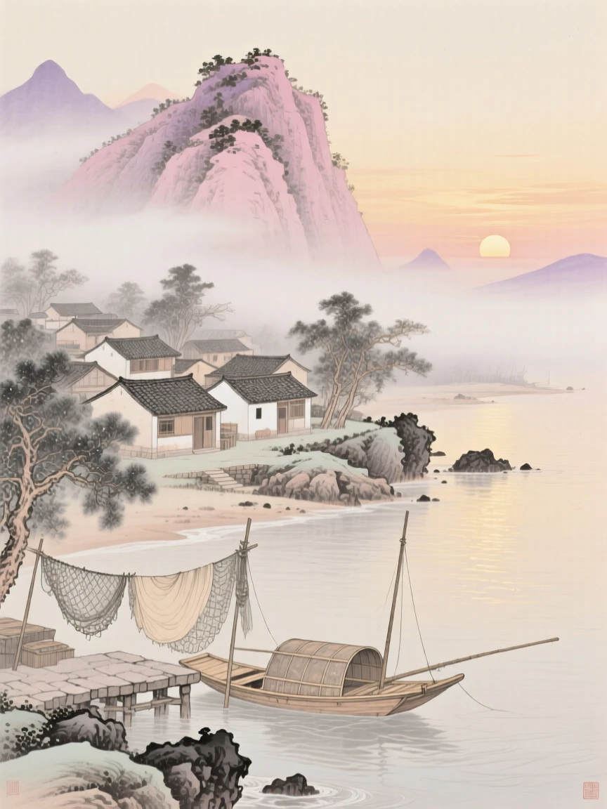 A quiet fishing village along a foggy coastline, with the first light of sunrise touching the highest peak