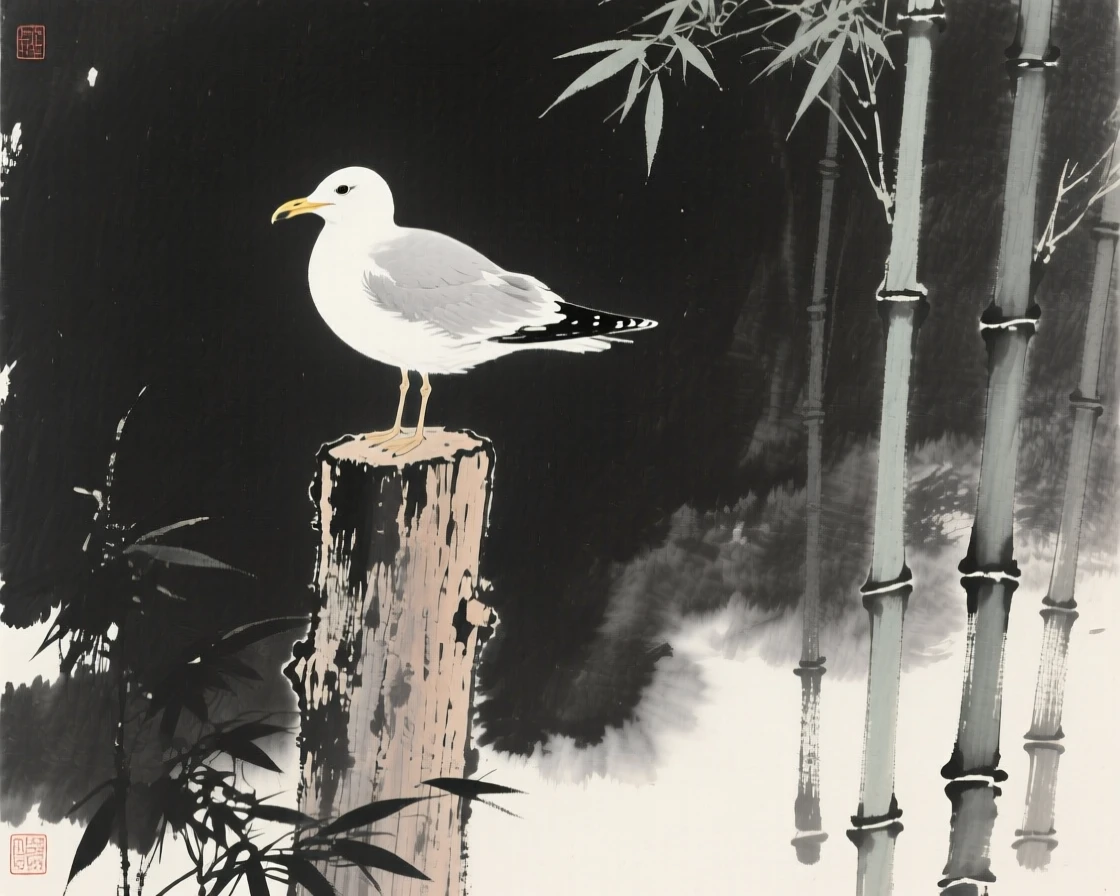 A lone gull resting on a weathered wooden post within a quiet bamboo grove, seen up close with delicate feather detail, suggesting renewal and the gentle passage of seasons.