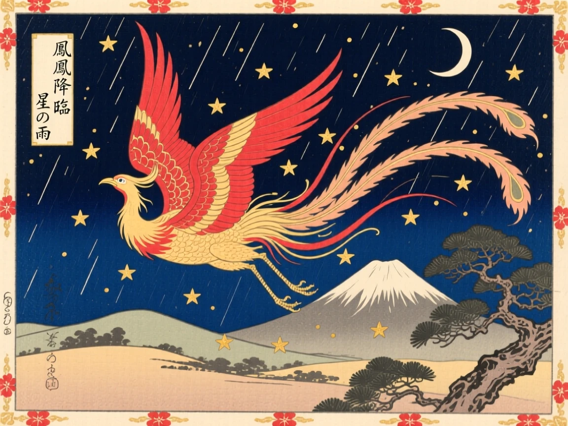 A rising phoenix descending in a shower of falling stars.