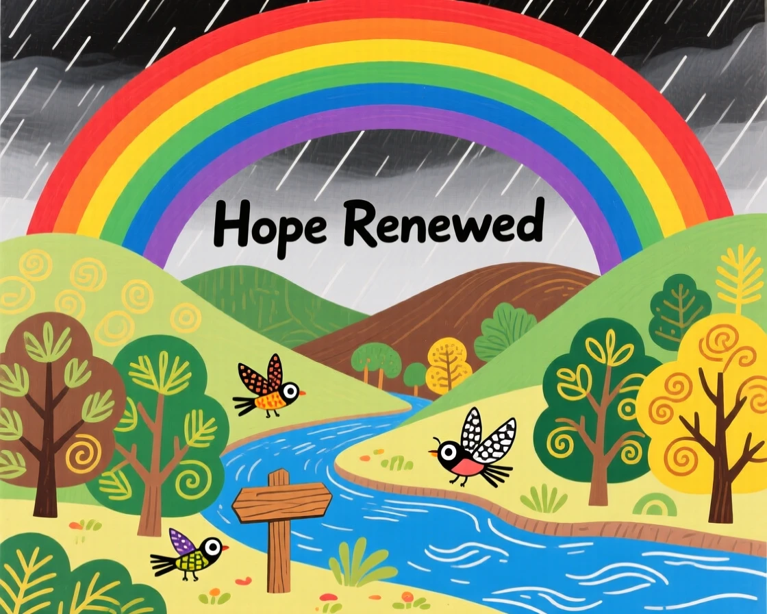 A wide rainbow arching over a valley after a storm, symbolizing hope renewed.
