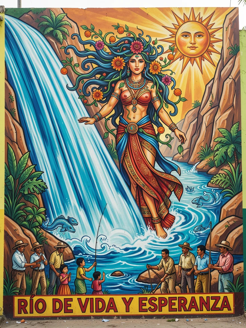 A river goddess emerging from a cascading waterfall