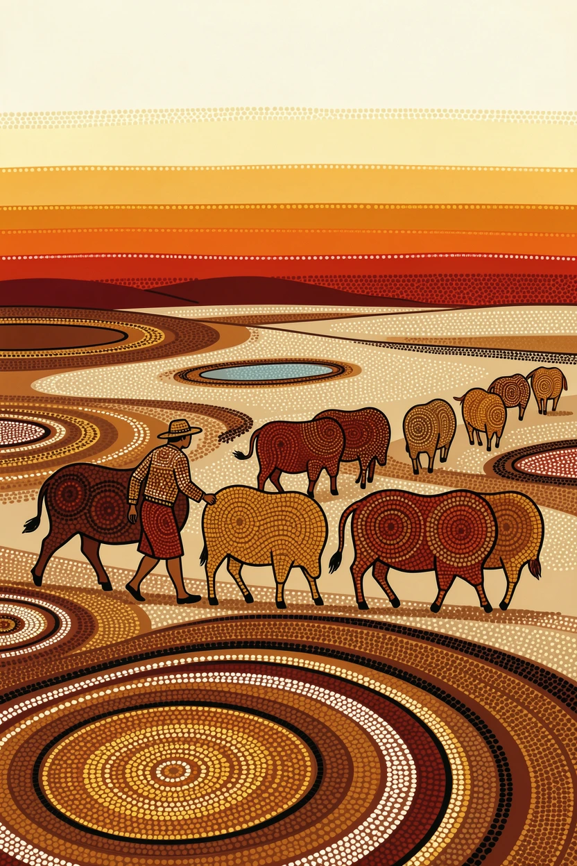 Herders driving cattle across open plains at sunset