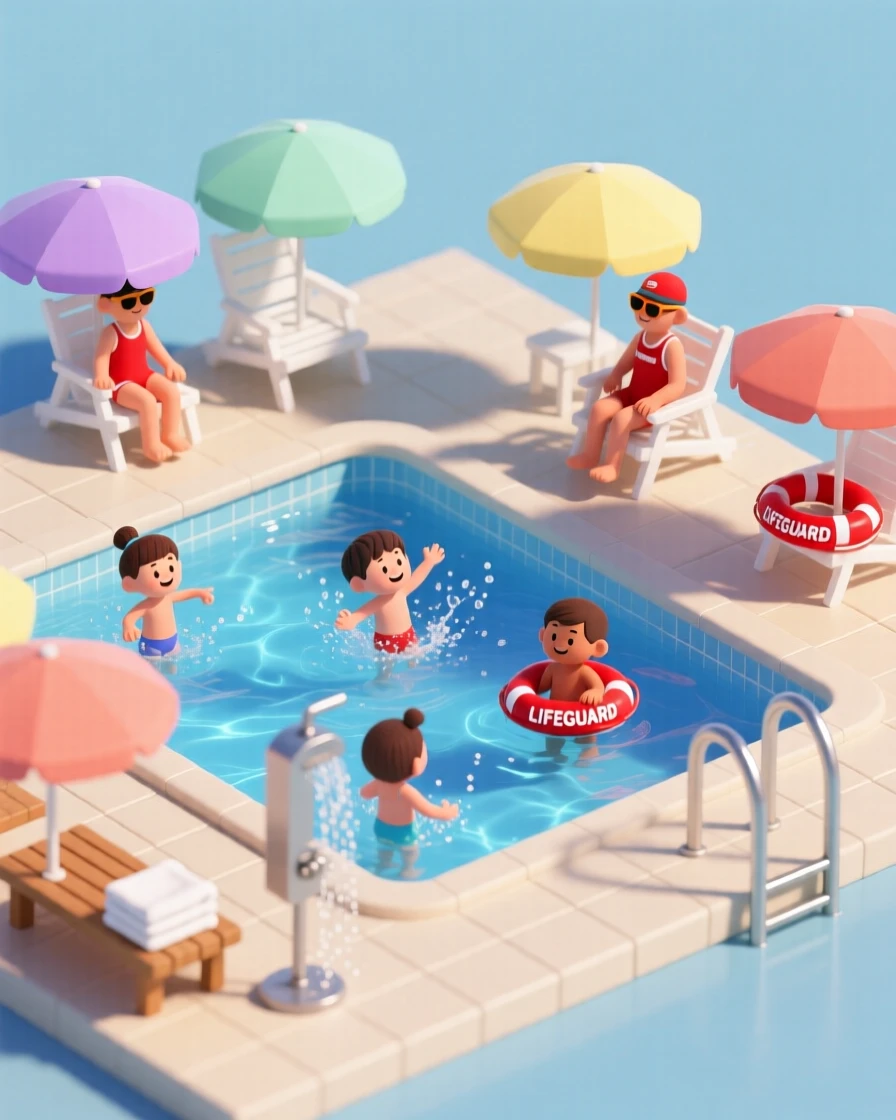 A charming community pool on a summer afternoon, children splashing, lifeguards watching from tall chairs, and umbrellas dotting the deck.