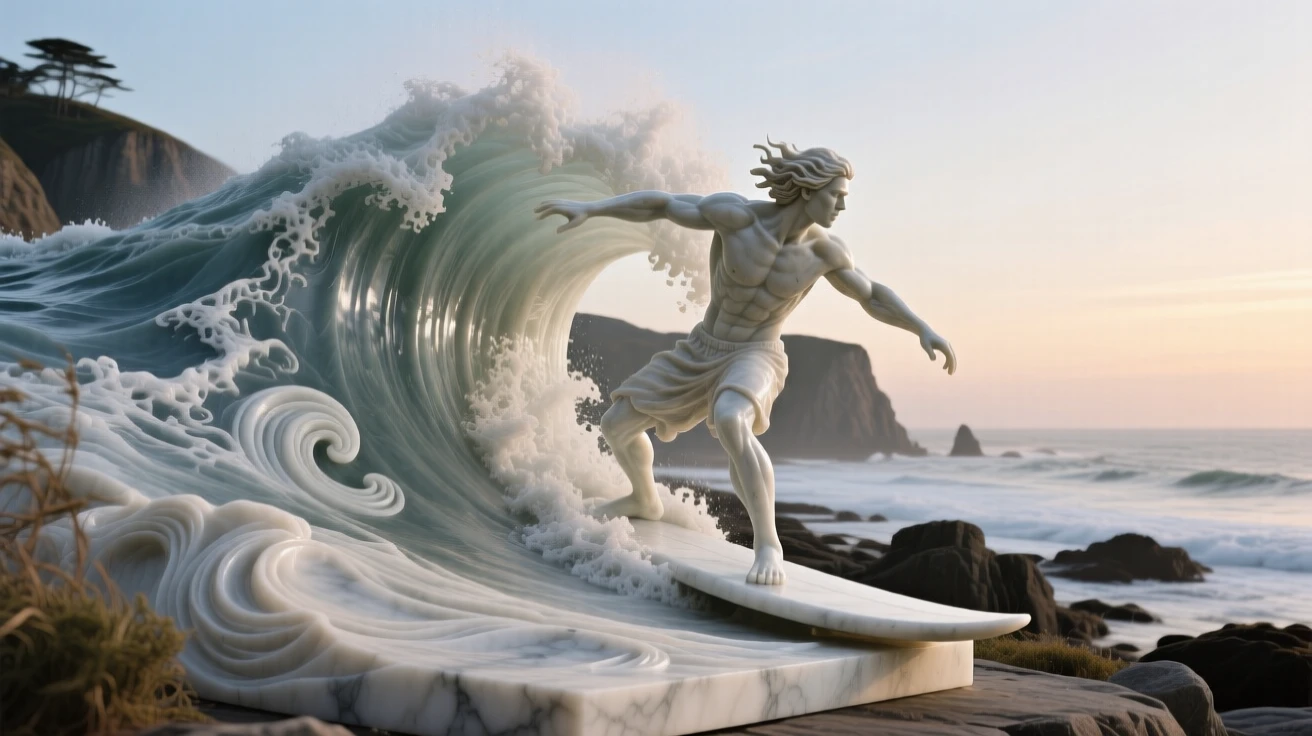 A beautifully composed image of a surfer riding a towering wave at dawn, framed by dramatic natural scenery, full of atmosphere and visual storytelling