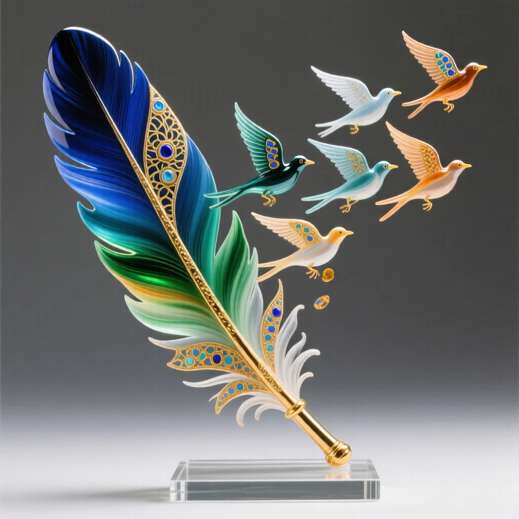 A single feather transforming into a flock of birds as it falls, poetic and transformative.