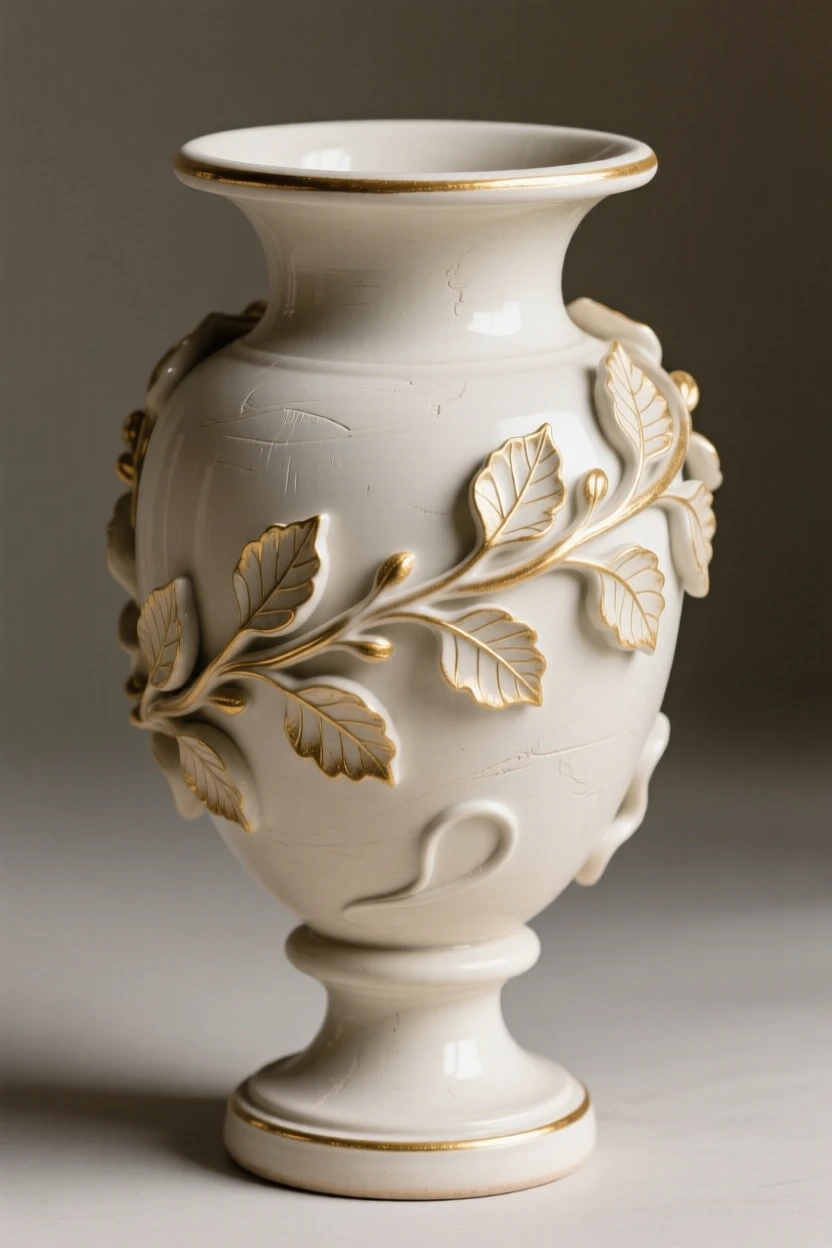 An elegant urn wrapped in a garland of leaves set as a striking accent within a tasteful arrangement, accented by tasteful gilded highlights, stirring a sense of understated opulence.