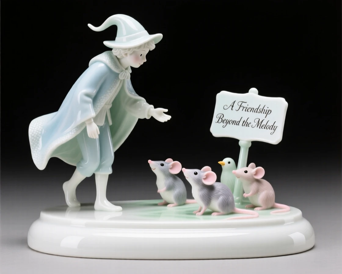 A storybook depiction of the Pied Piper sharing an unlikely moment of friendship, full of gentle storybook wonder.