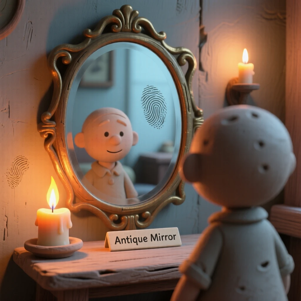 An antique mirror reflecting a candlelit room
