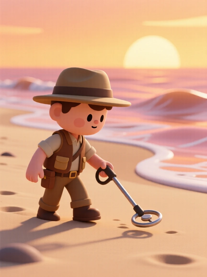 A determined treasure hunter uses a metal detector along a sandy beach at golden sunset.