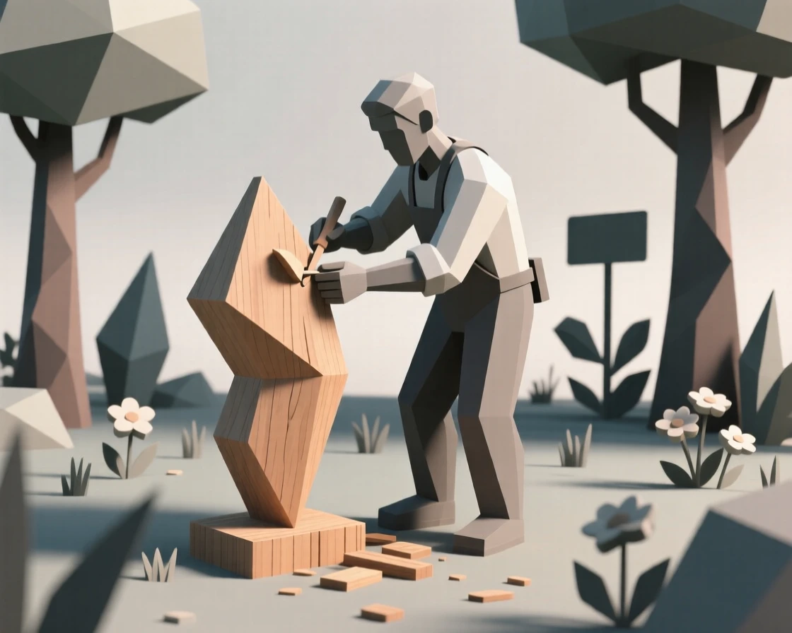 A woodworker carefully carving a wooden sculpture, amid a quiet, colorful garden. natural light enhances the vibrant colors of the scene. It captures a feeling of personal accomplishment.