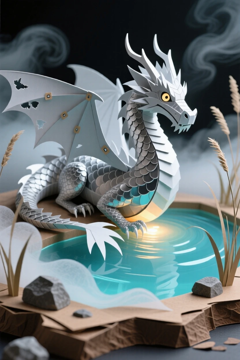 A silver-scaled dragon resting beside a glowing mystical lake, with swirling mist wrapping around the scene, evoking a sense of legend and myth.