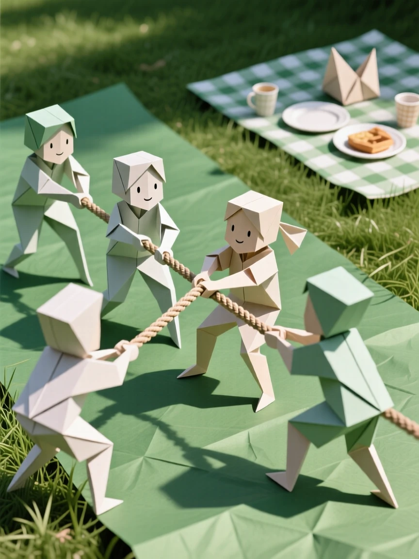 A group of children playing tug of war on a grassy field at a summer picnic.