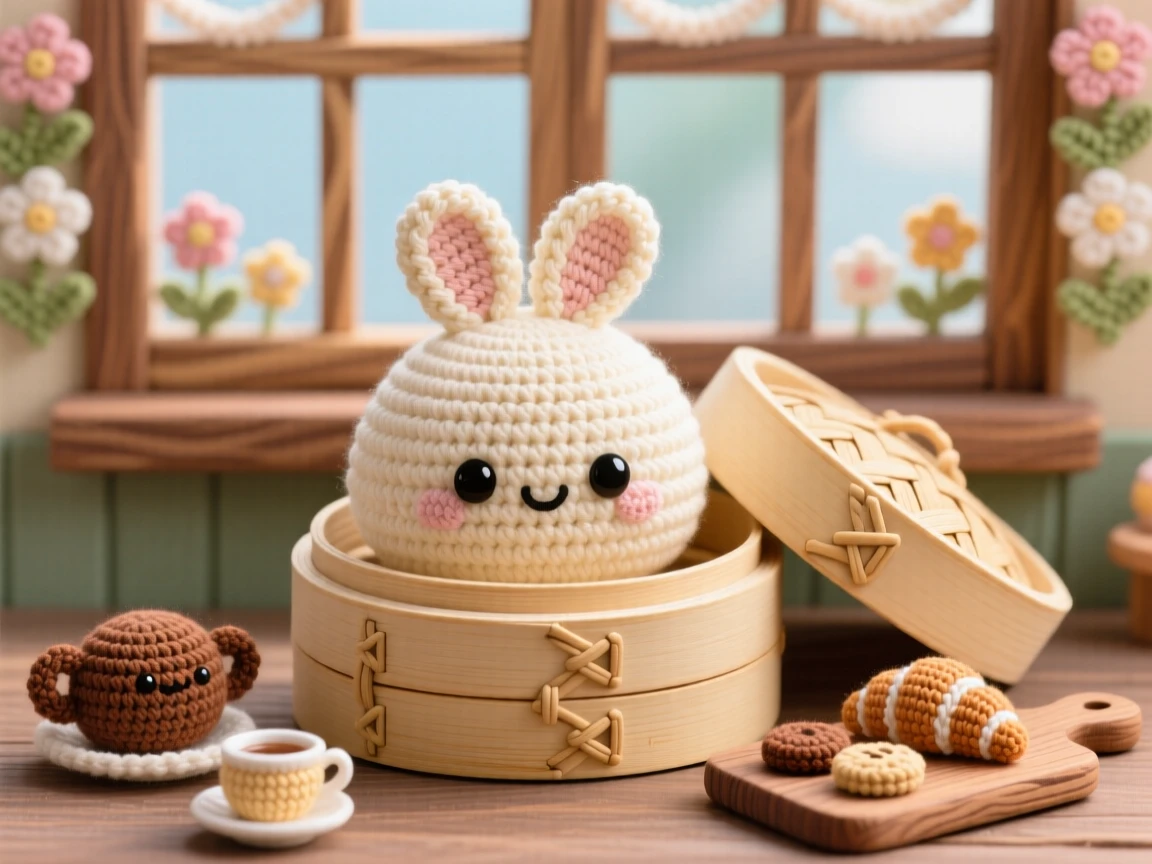 A delightful still-life of a plump steamed bun character shaped like a bunny with tiny ear-shaped folds, resting in a bamboo steamer within a cheerful cafe window display; a rustic wooden serving board nearby, full of a cozy sense of shared treats.