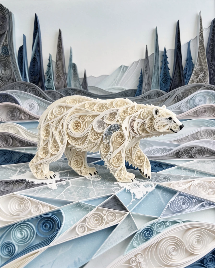 A striking wildlife scene of a polar bear walking across a vast icy landscape beneath tall shadowy silhouettes in the distance, with mist rolling low across the ground, shot from a low, powerful ground-level angle.