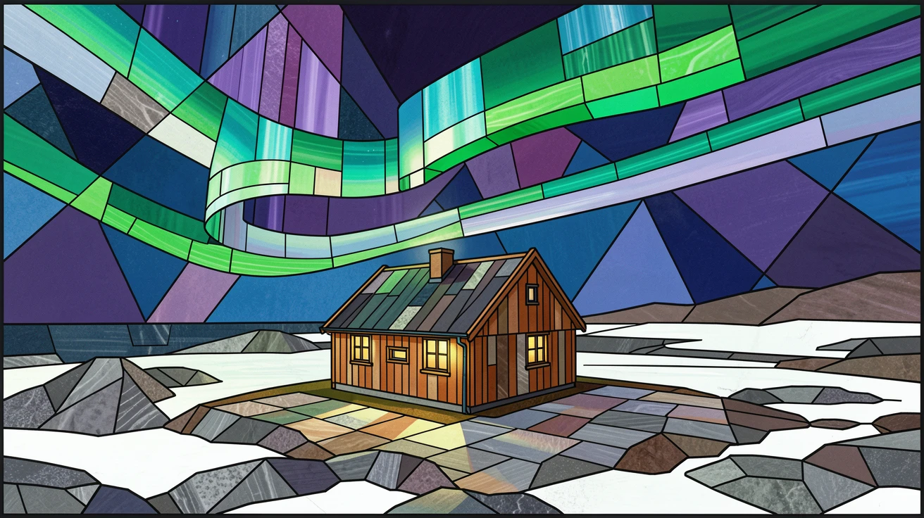 The northern lights dancing above a traditional icelandic cabin, viewed from a dramatic elevated vantage point.