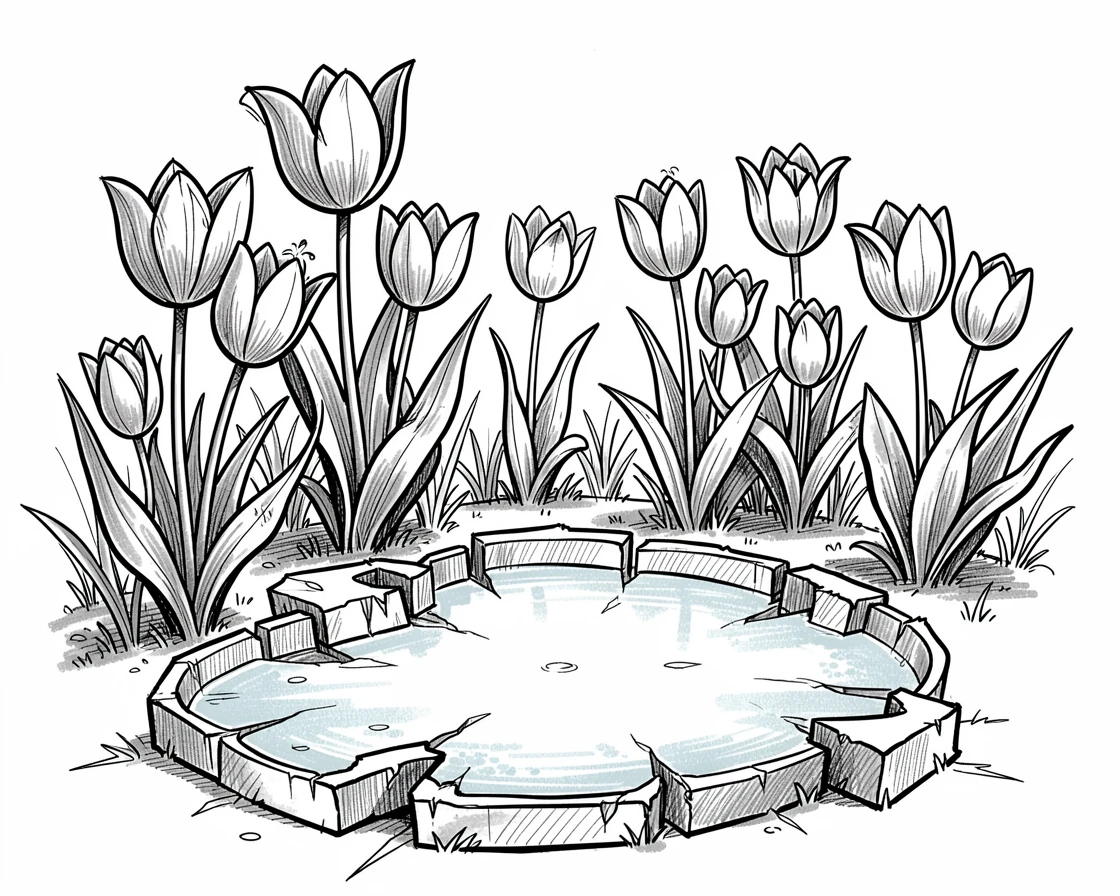 A garden full of blooming spring tulips beside a frozen pond.