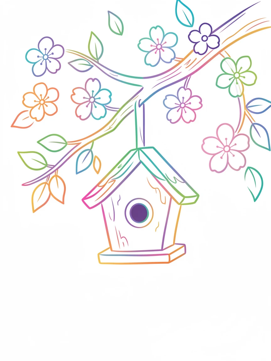 A birdhouse hanging from a blossoming tree branch in spring.