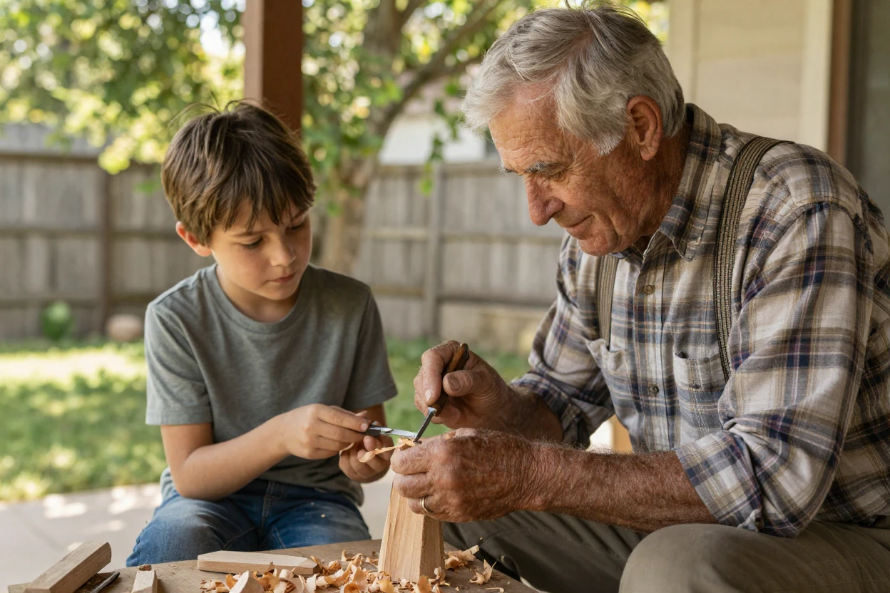 A grandfather teaching his grandson to whittle wood